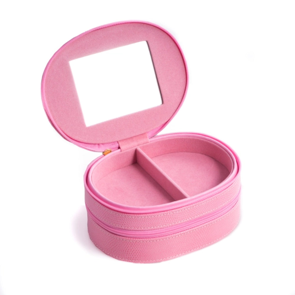 Pink jewelry box with mirror lid on a white background