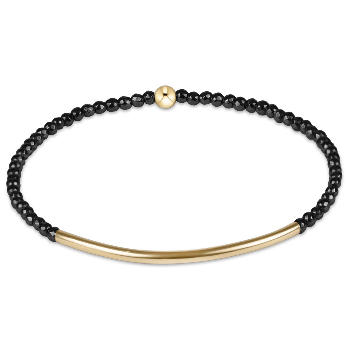 A delicate bracelet featuring a black beaded outer band and a central curved gold bar, with a small gold bead accent at the top, shown on a plain white background.