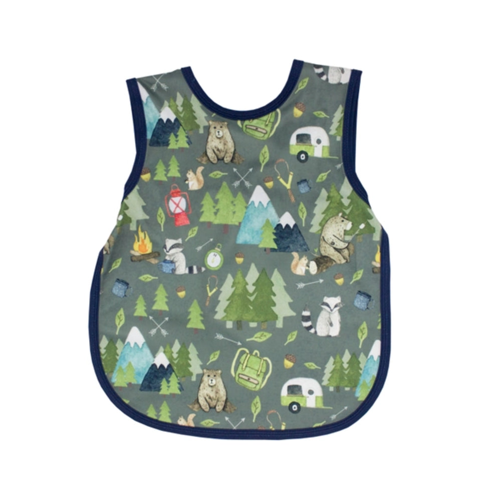 Children's bib with camping-themed pattern on a white background
