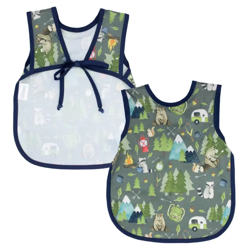 Two baby bibs with nature-themed prints on a white background