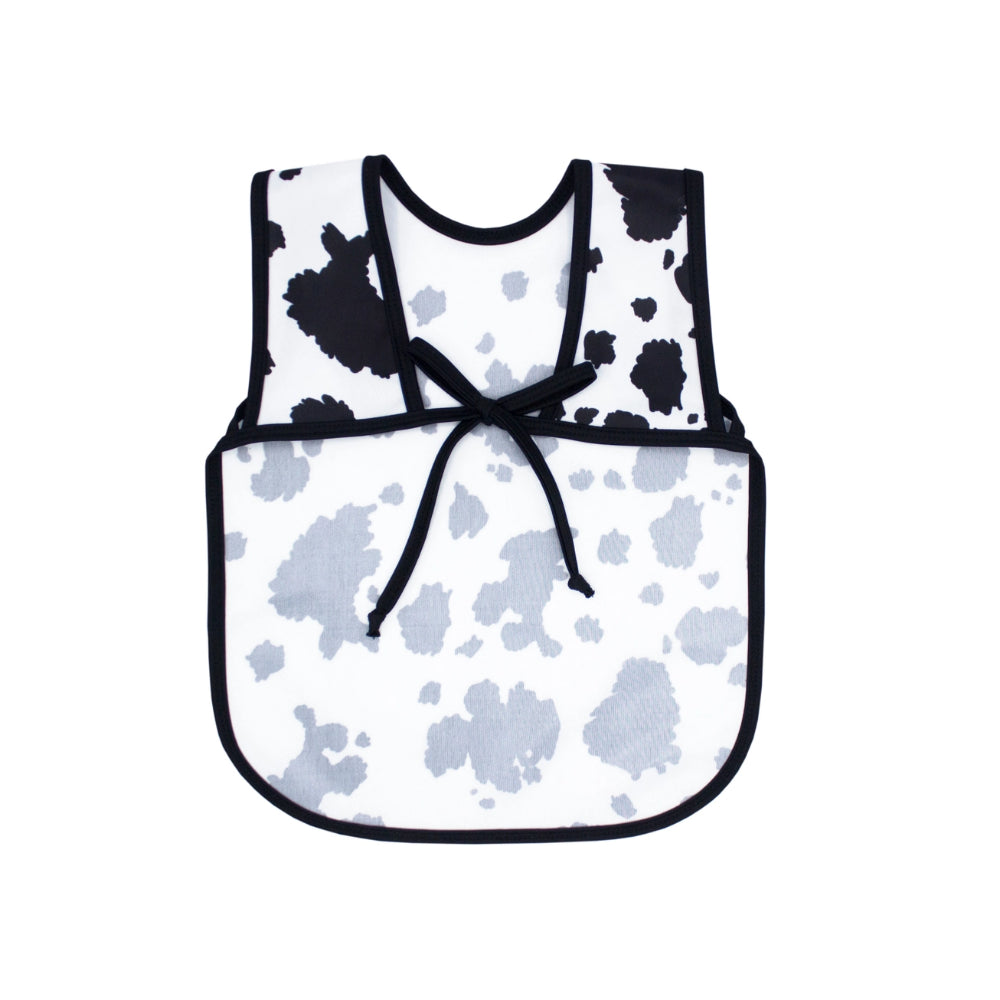 Baby bib with black and white abstract pattern on a white background