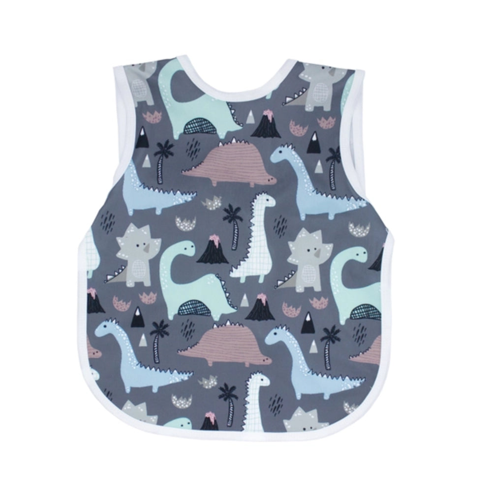 Baby bib with dinosaur pattern on a gray background