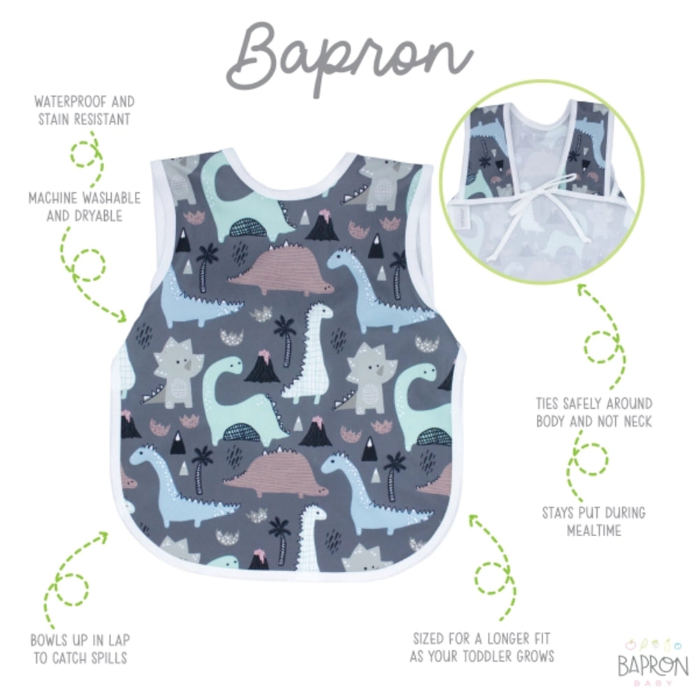 Bib with dinosaur pattern on a white background, featuring text about product features.