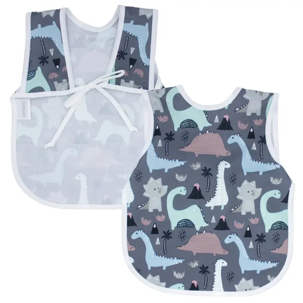 Two baby bibs with dinosaur patterns on a white background