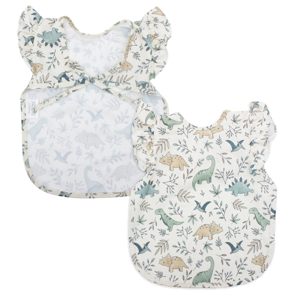 Front and back of baby bibs with dinosaur patterns on a white background