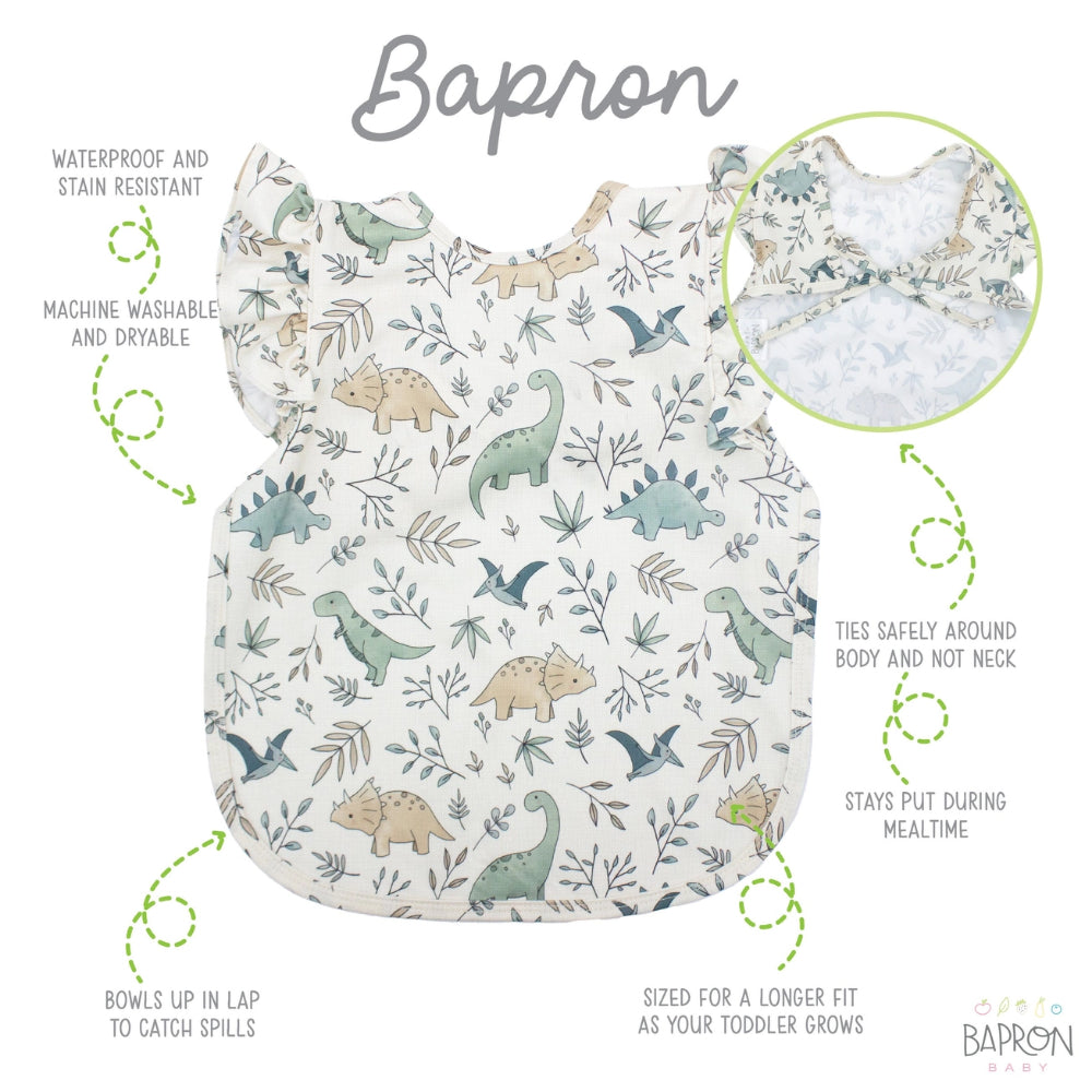 Bapron with dinosaur pattern on a white background with features 