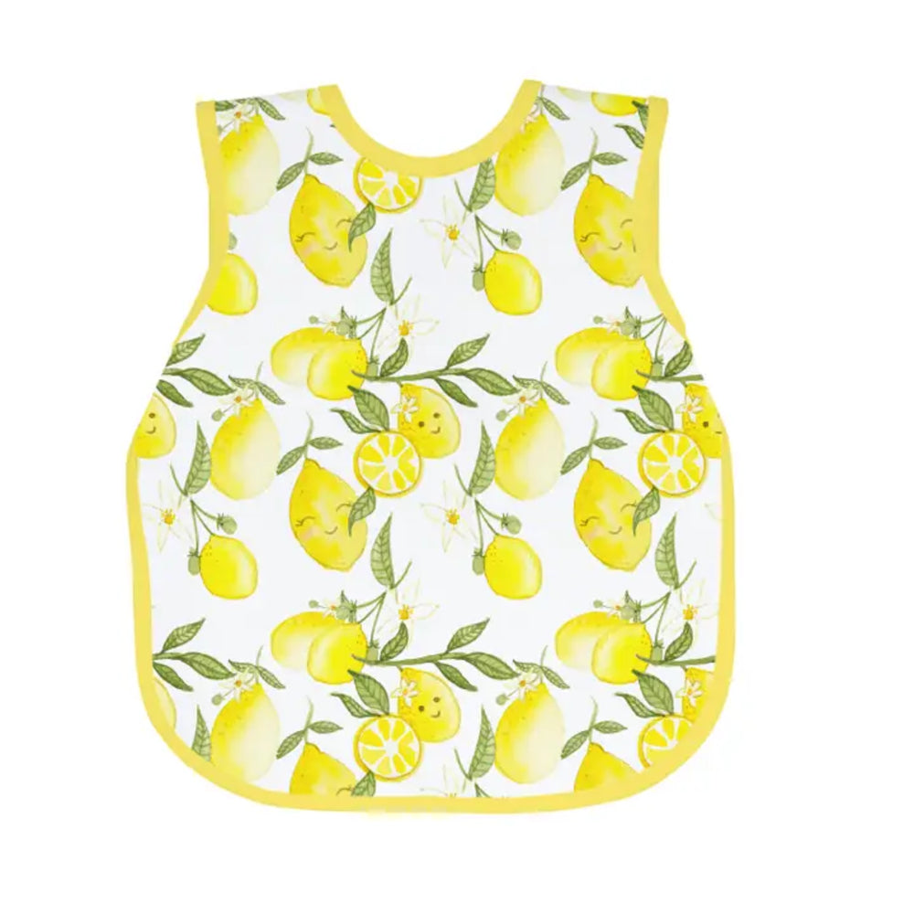 Baby bib with lemon pattern on a white background