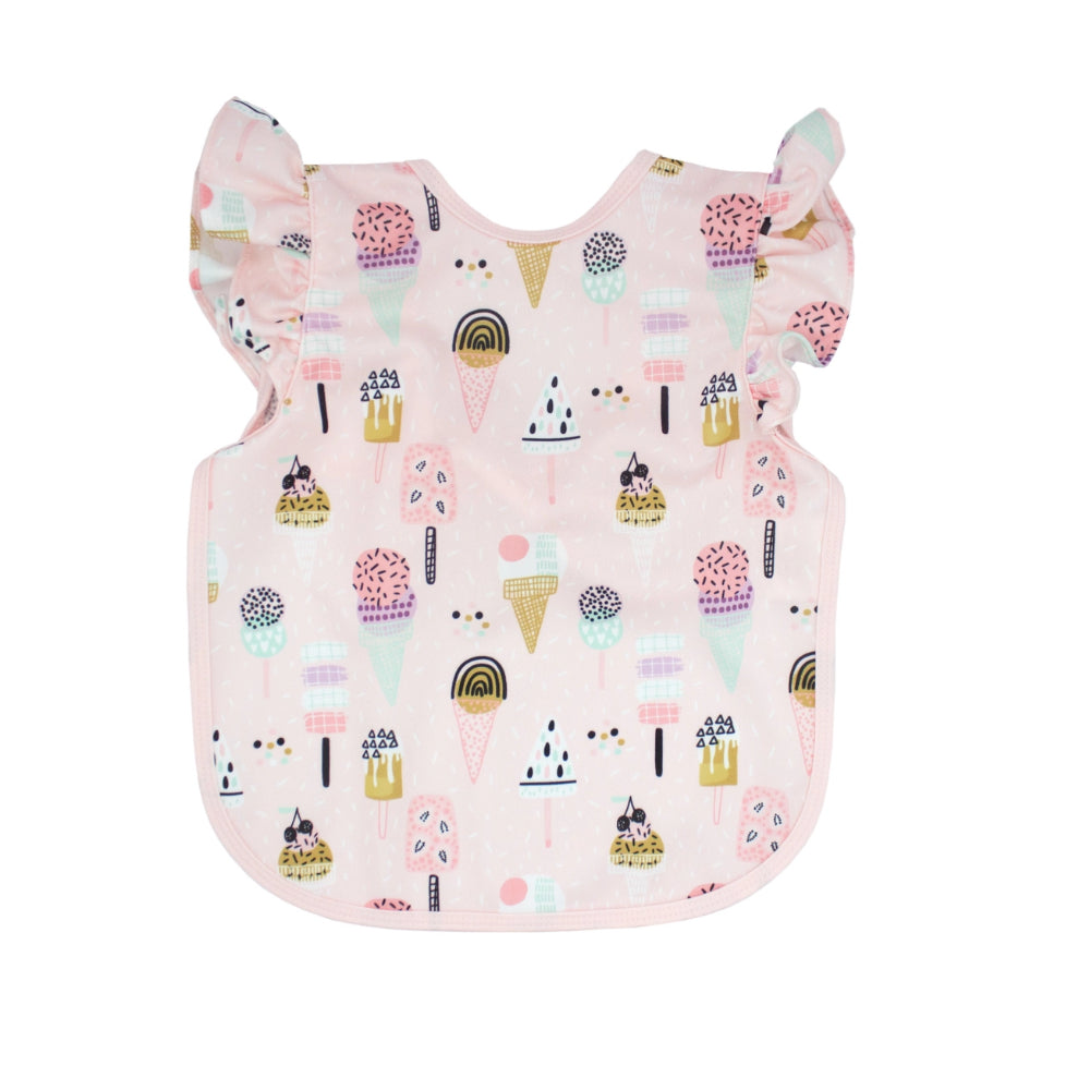 Baby bib with colorful ice cream cone pattern on a white background