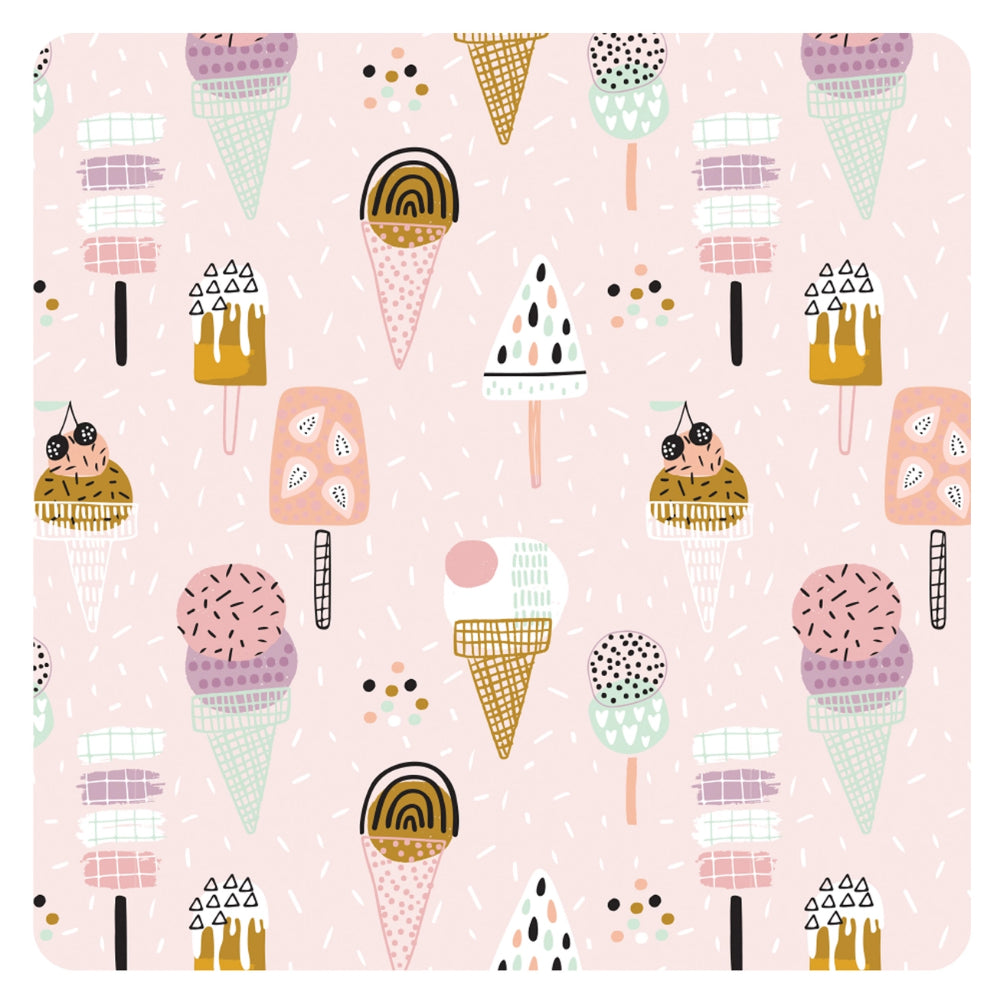 Pattern of colorful ice cream cones and treats on a pink background on bib-apron 