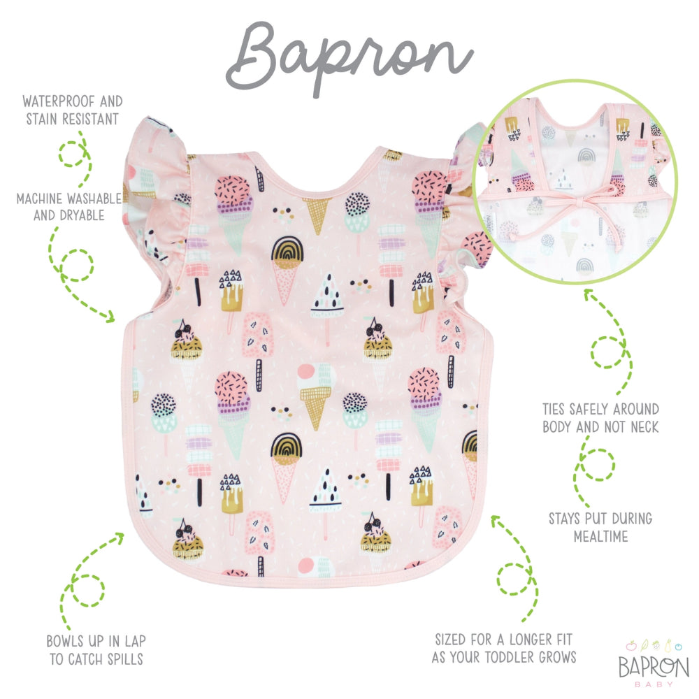 Baby apron with colorful design on a white background, featuring text about its features.