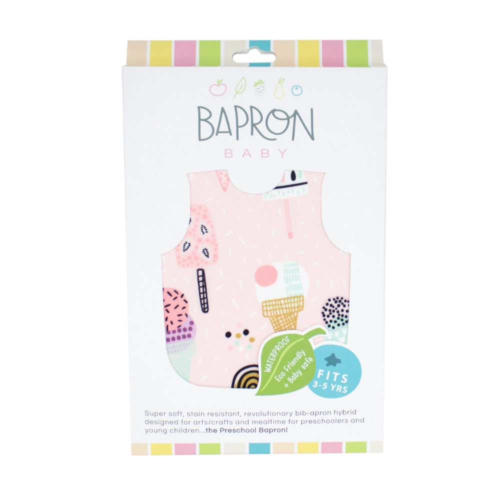 Packaging of a baby bib with colorful design on a white background