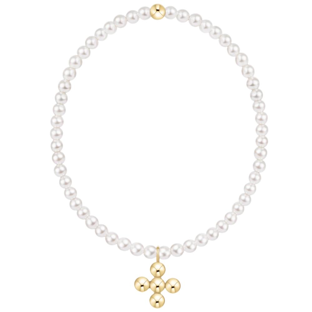 enewton 7.25" Extends Classic Pearl 3mm Bracelet - Signature Cross 4mm Beaded Gold Charm