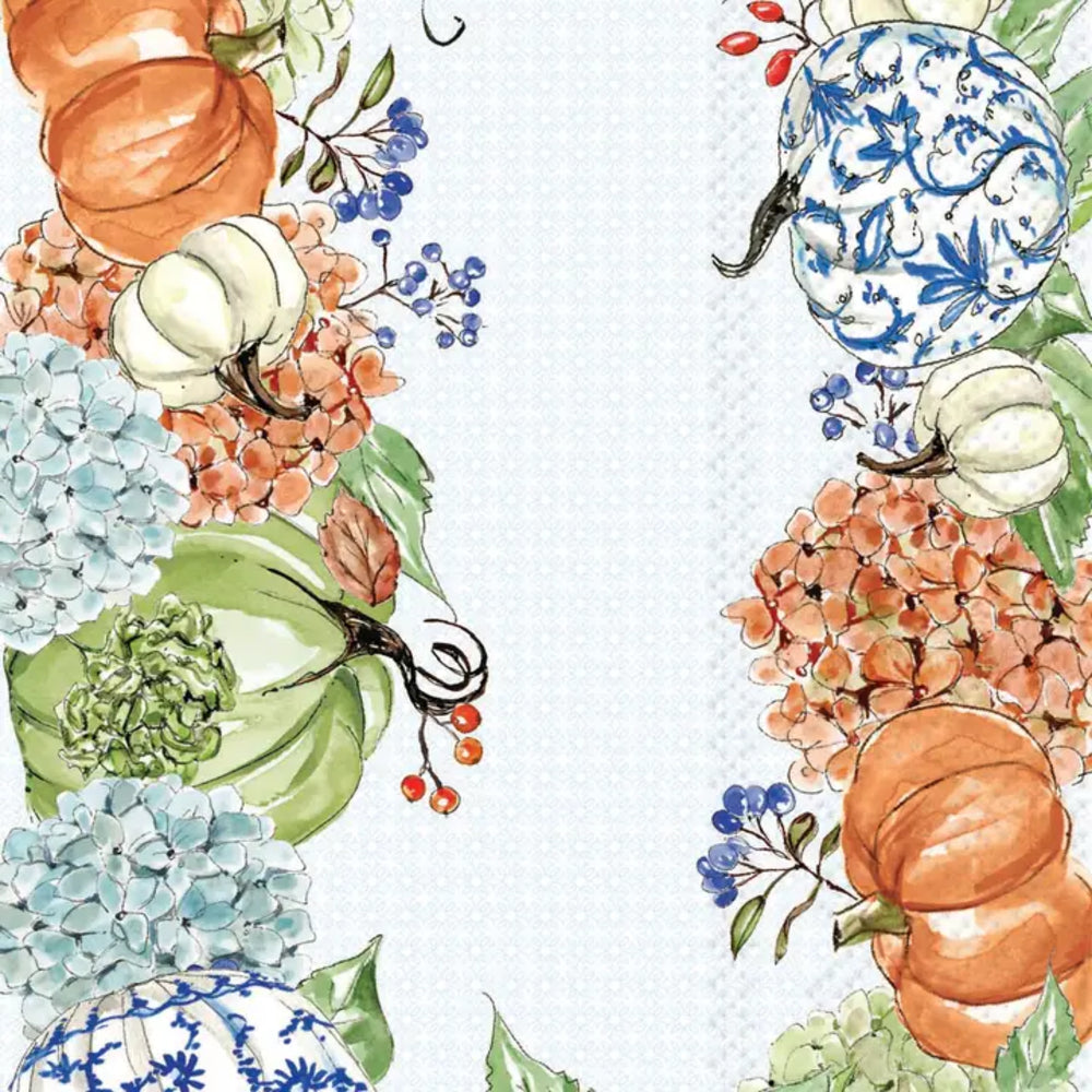 Watercolor autumn floral pattern featuring pumpkins, hydrangeas, berries, and blue-and-white porcelain motifs on a white background.