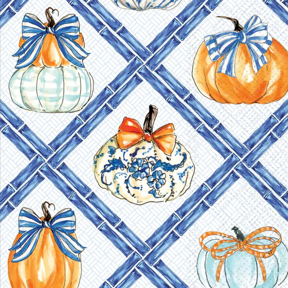 Decorative paper with pumpkins and bows on a blue lattice background