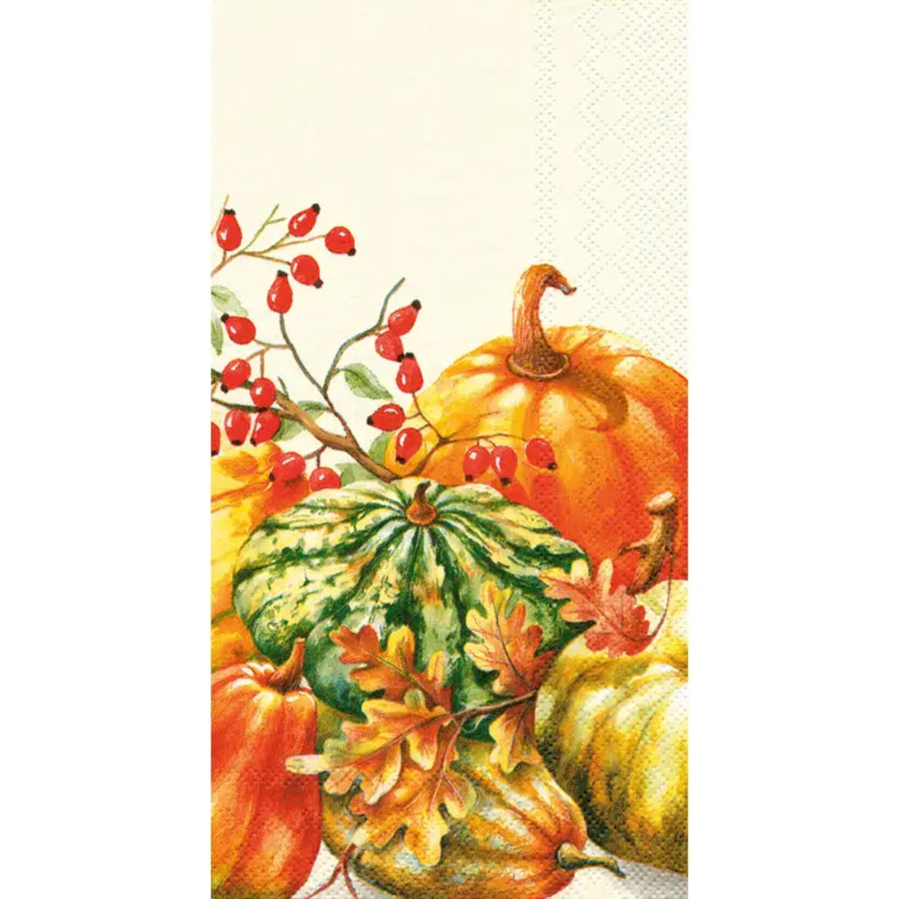 A vertical paper napkin featuring a watercolor-style autumn harvest illustration with pumpkins, gourds, acorns, and red berries on a cream background.