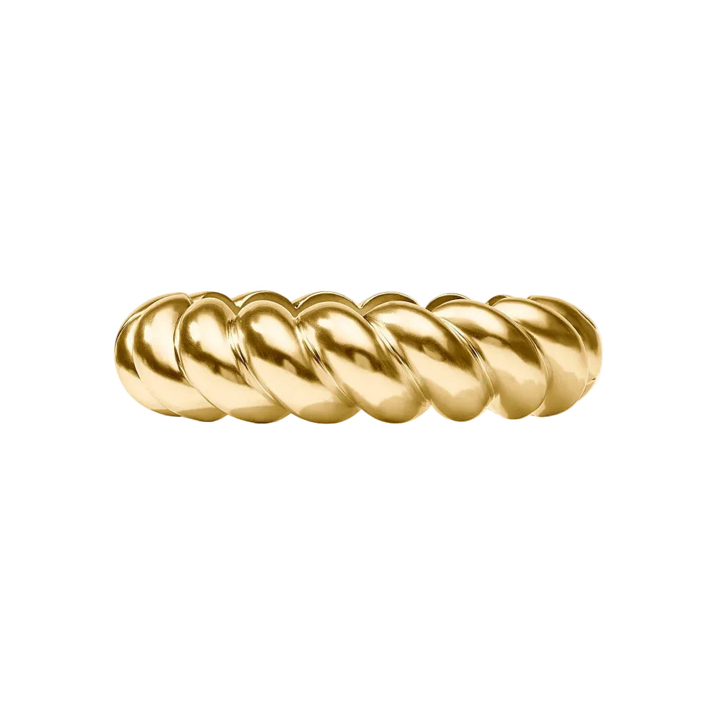 A polished gold bangle bracelet with a textured, overlapping segmented design, shown against a solid white background.
