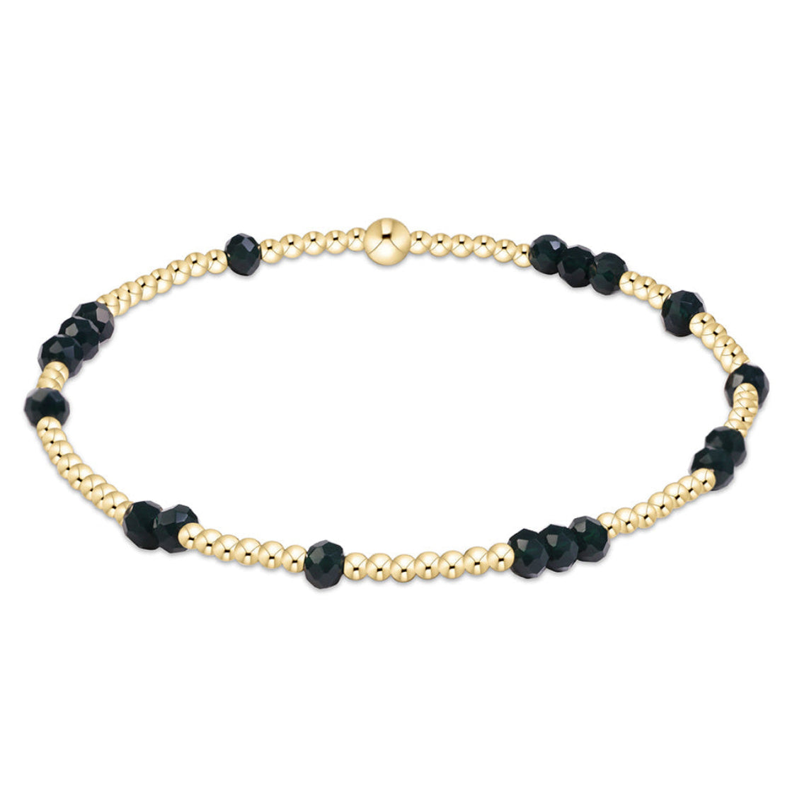 A delicate beaded bracelet featuring alternating strands of polished gold-toned beads and faceted dark green beads shown on a plain white background.