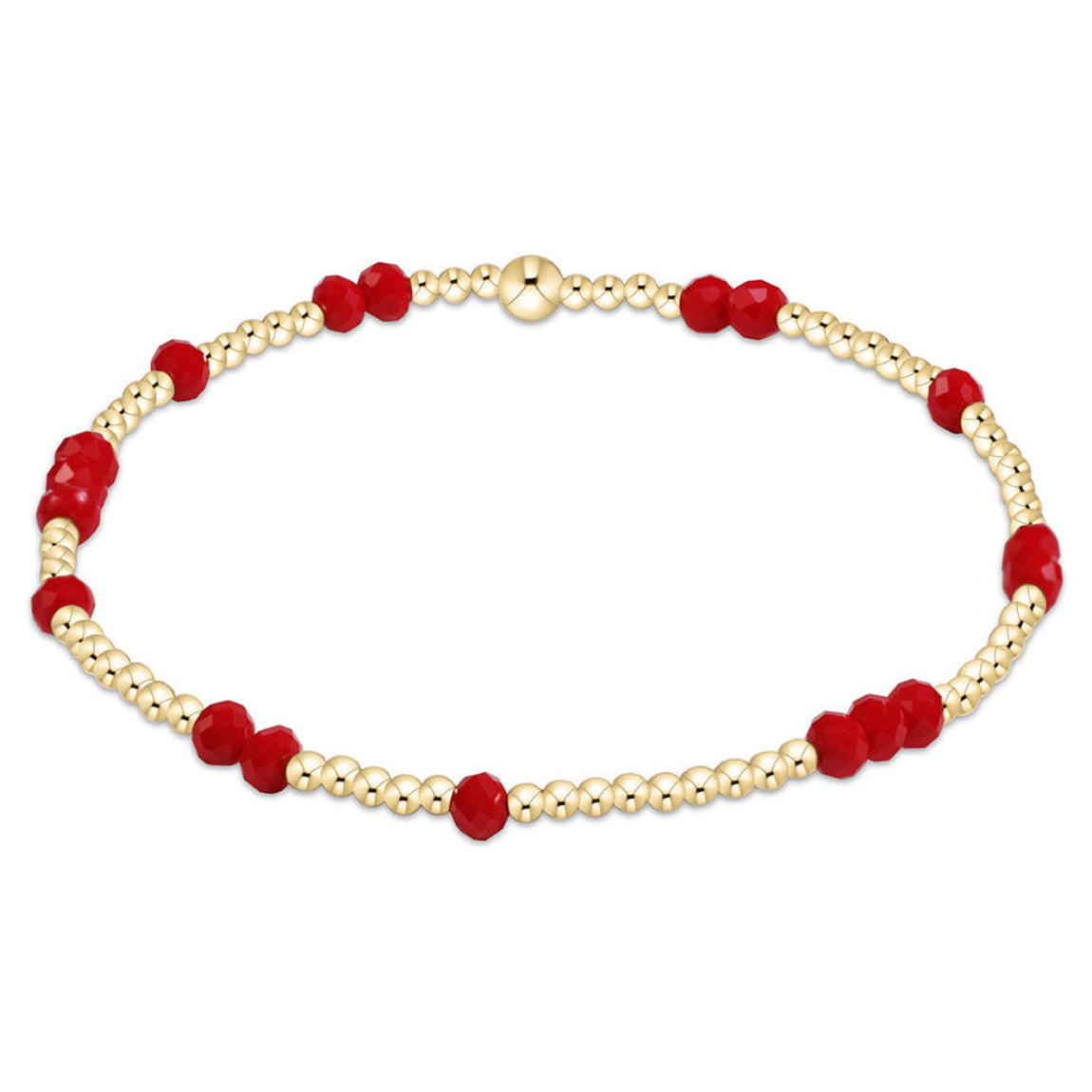 A beaded bracelet featuring alternating strands of polished gold-toned round beads and faceted red round beads, with a polished gold clasp at the top, shown on a solid white background.