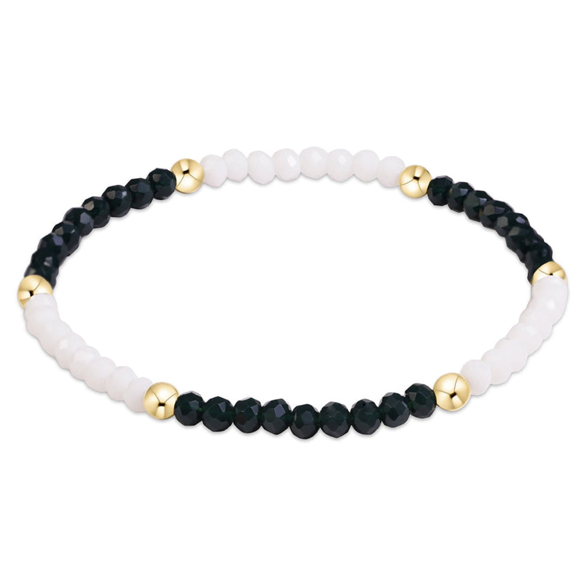 A beaded stretch bracelet featuring alternating sections of faceted dark green beads and smooth white beads, separated by polished gold-tone round spacers, shown on a plain white background.