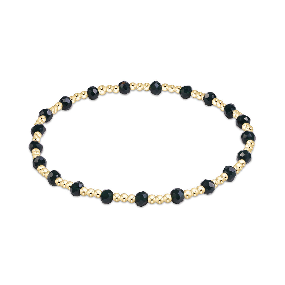 A beaded stretch bracelet featuring faceted dark green beads alternating with small gold metallic beads, displayed on a clean white background.