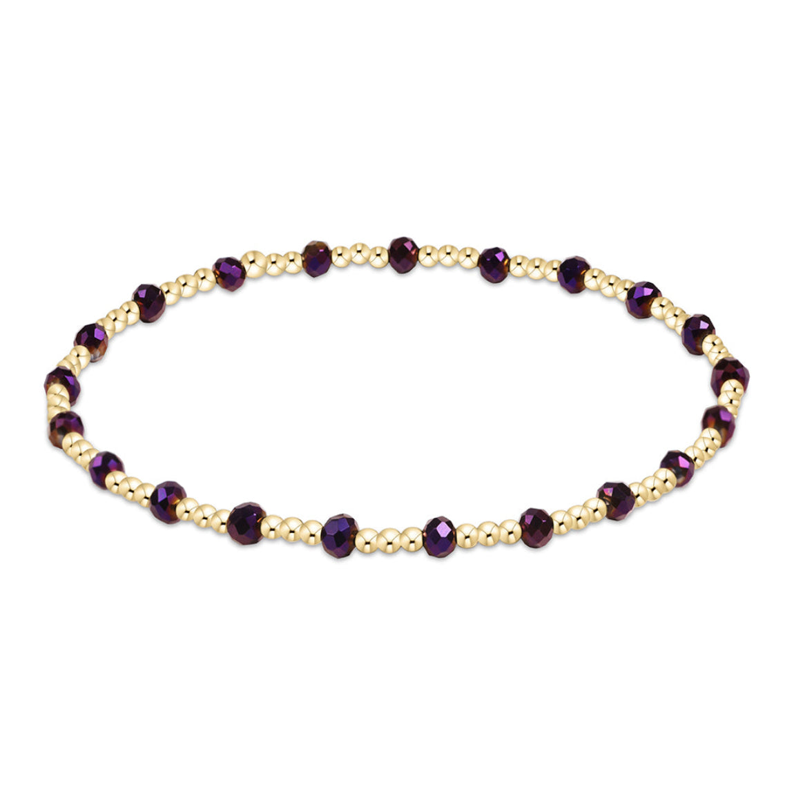 A beaded stretch bracelet featuring dark purple faceted beads separated by small gold spacer beads, displayed on a clean white background.