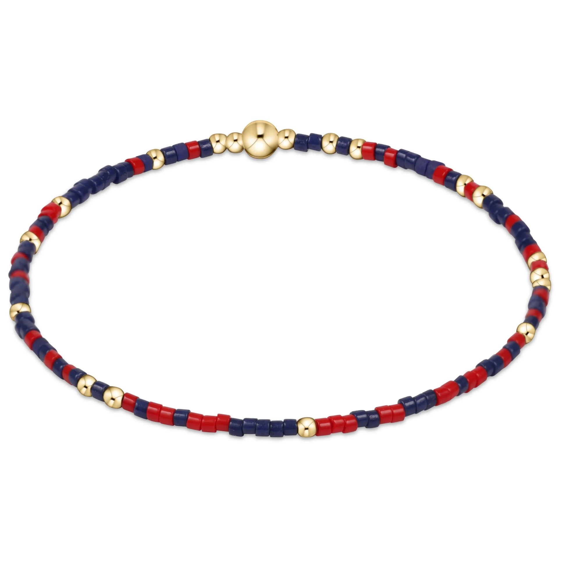 Bracelet with red, black , and gold beads on a white background
