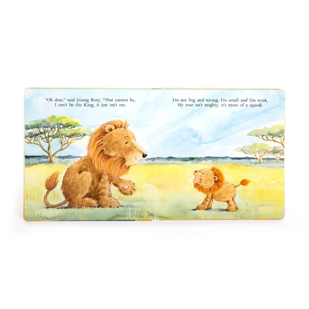 Illustration of two lions in a savanna with text on a book page.