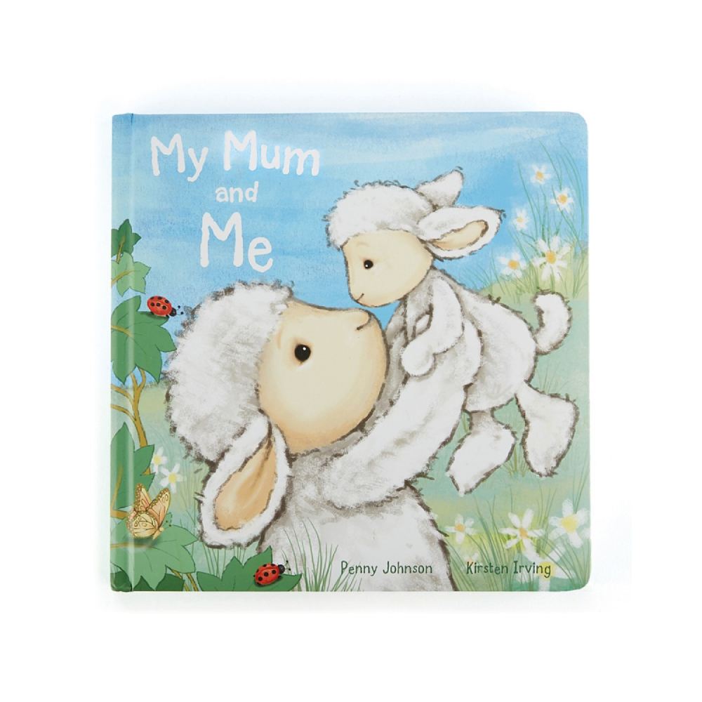 Children's book titled 'My Mum and Me' with illustrations of two lambs on a blue background.