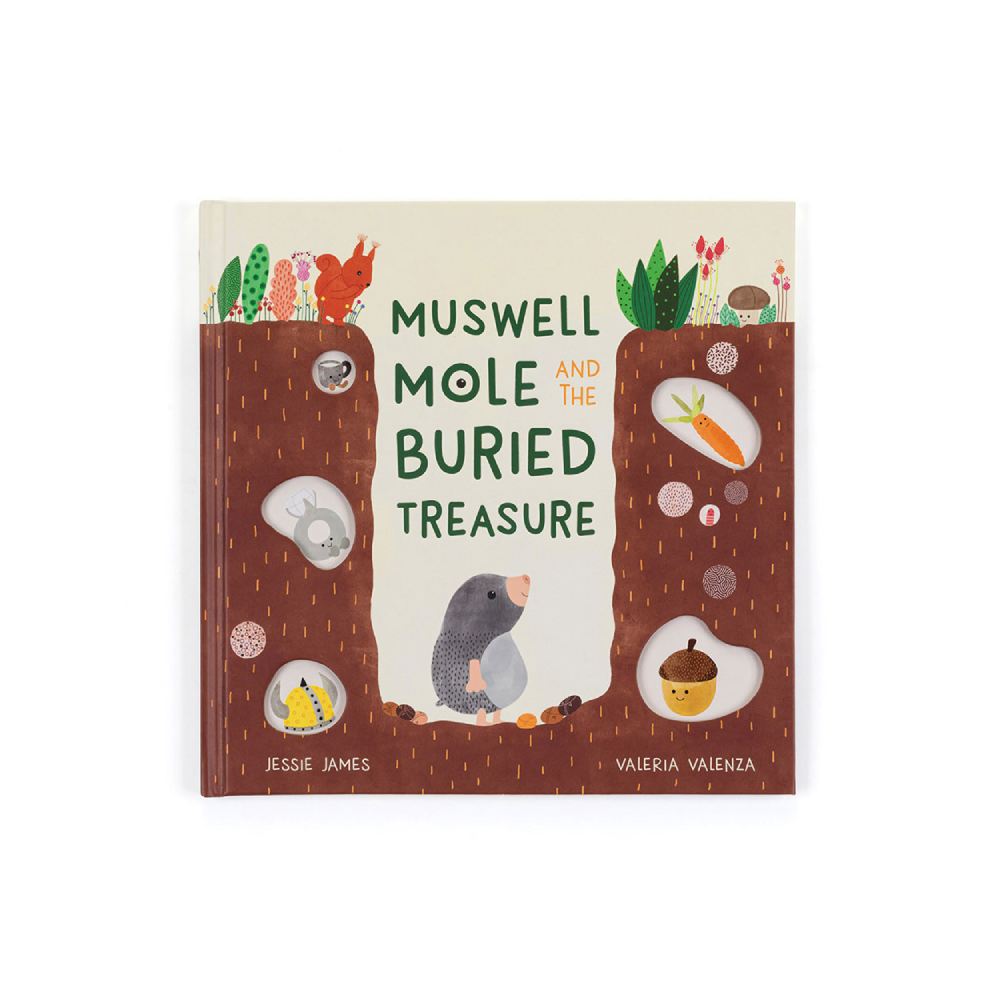 Book cover of 'Muswell Mole and the Buried Treasure' with illustrations of a mole and treasure items.