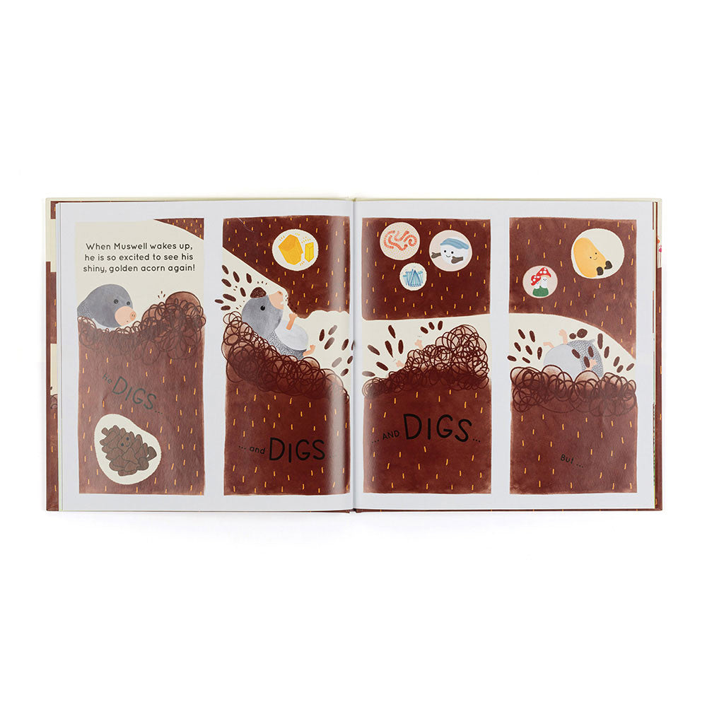 Open book with illustrations of a dog digging a hole, on a white background