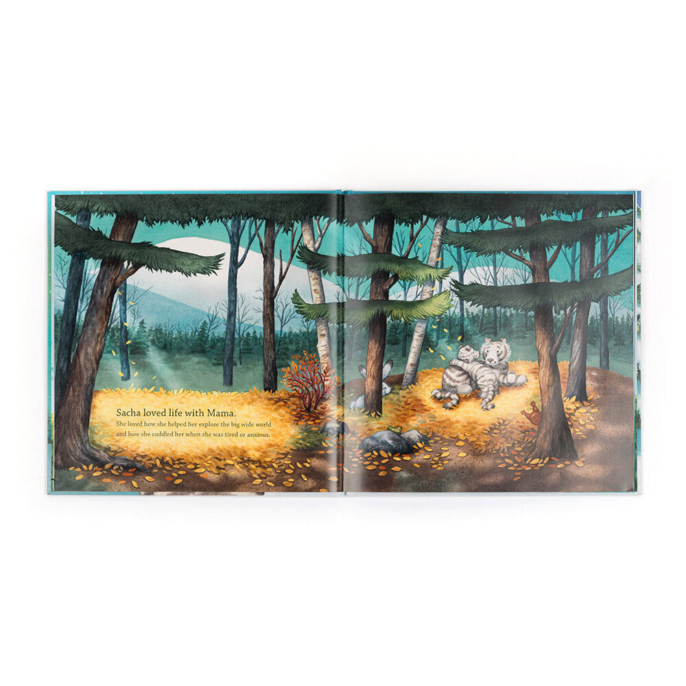 Illustrated book page with a tiger in a forest.