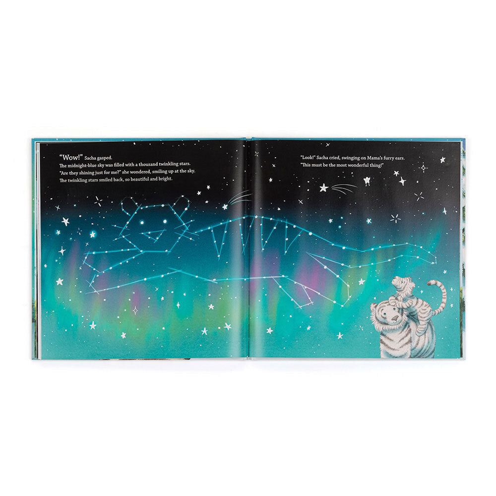 Open book showing a starry night sky illustration with a tiger character on a white background.