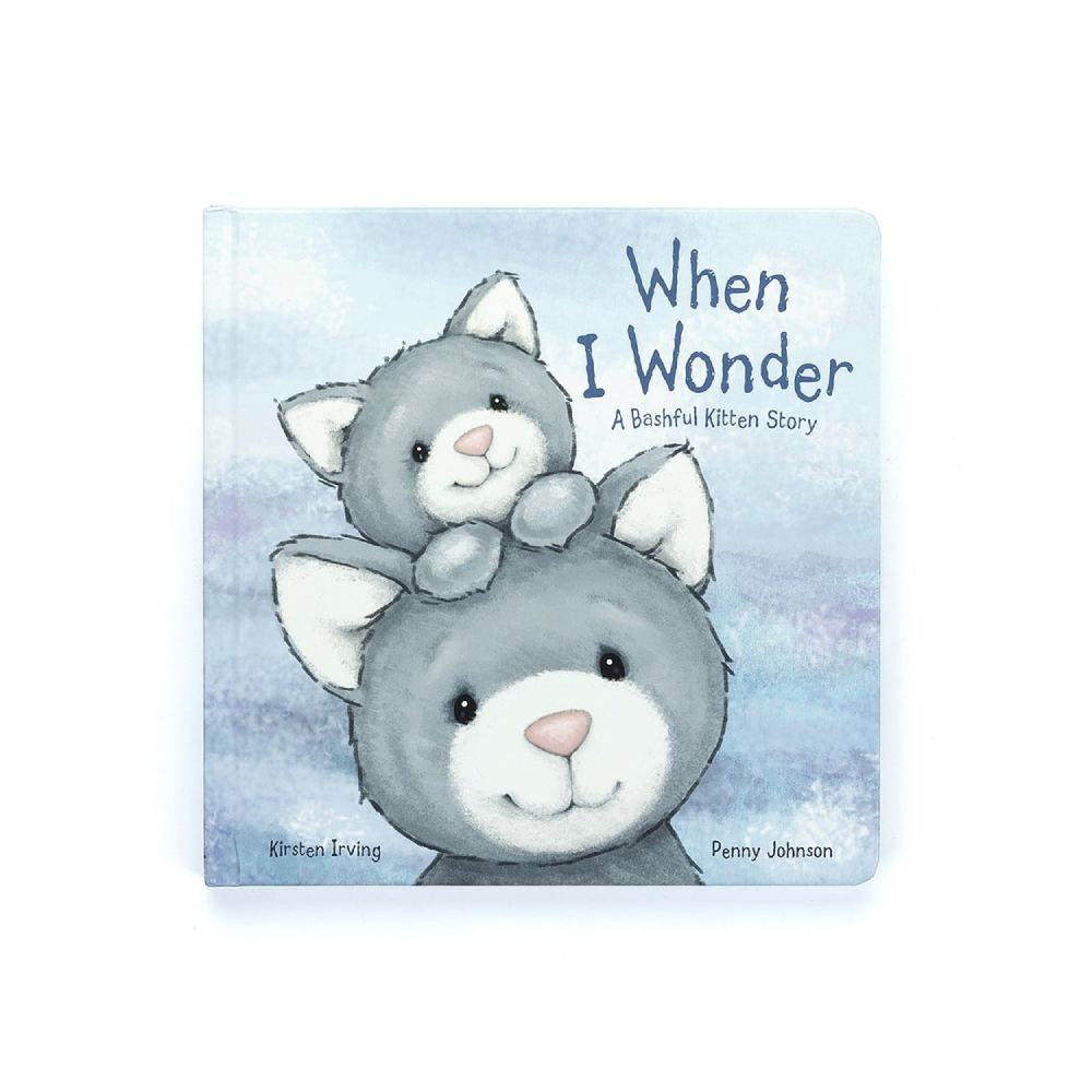 Children's book cover with two fluffy gray cats titled 'When I Wonder' on a light blue background with book on a white backround.