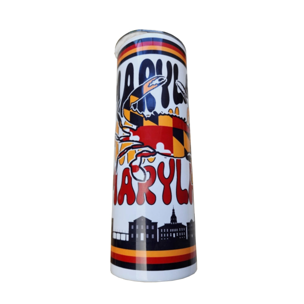Colorful tumbler with 'Maryland Crab' design on a white backround 