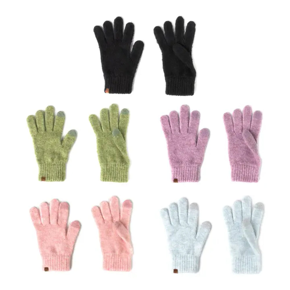 Eight pairs of knit touchscreen-compatible gloves in assorted colors, arranged in a grid on a plain white background. The colors include black, olive green, lavender pink, light pink, light blue, and heathered light gray.