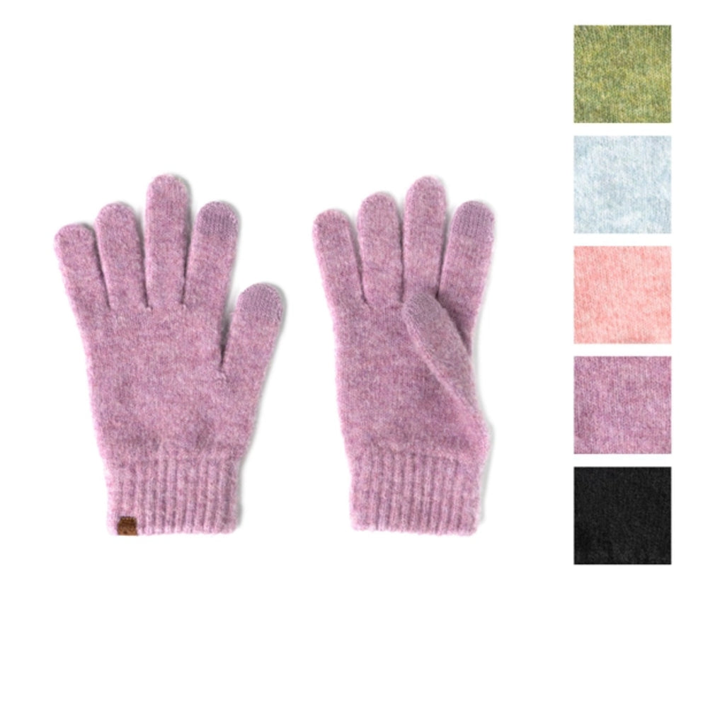 A pair of fuzzy knit gloves in a dusty pink color, displayed on a white background with a vertical column of six color swatches on the right showing other available colors.