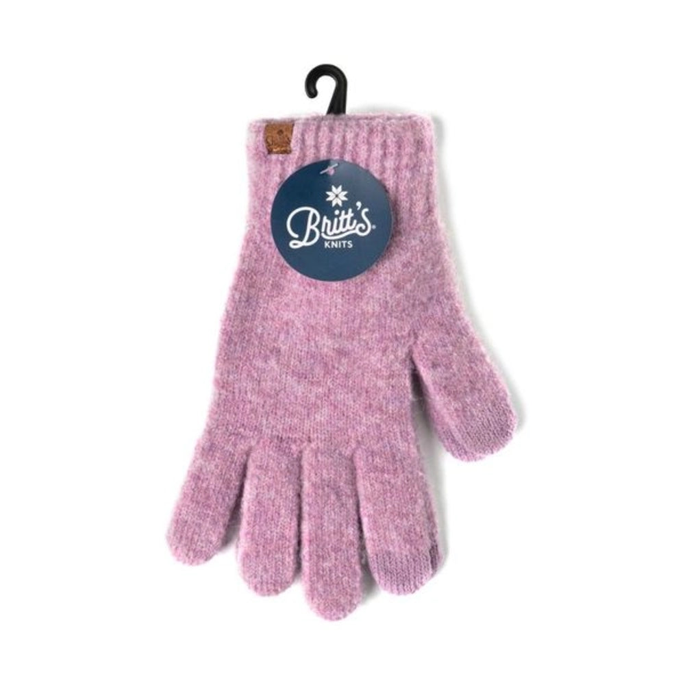 A pair of pink knit gloves with a dark blue circular 'Britt's Knits' hang tag, displayed on a white background.