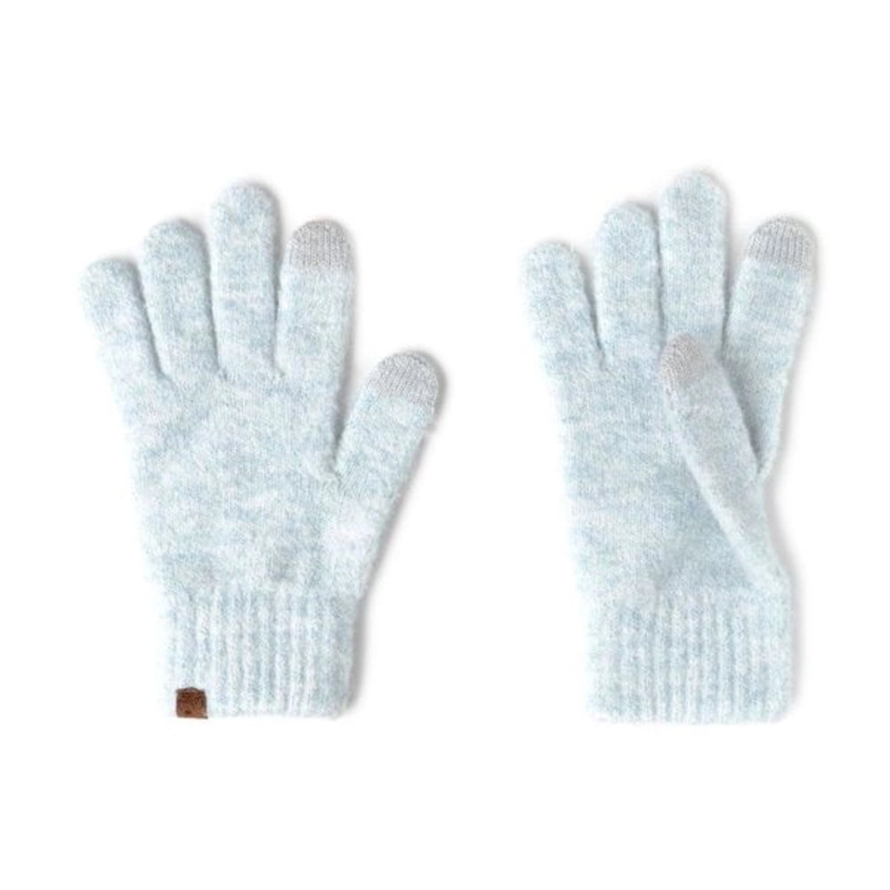 A pair of light blue heathered knit gloves with gray fingertips and a small brown brand tab on the cuff, displayed on a clean white background.