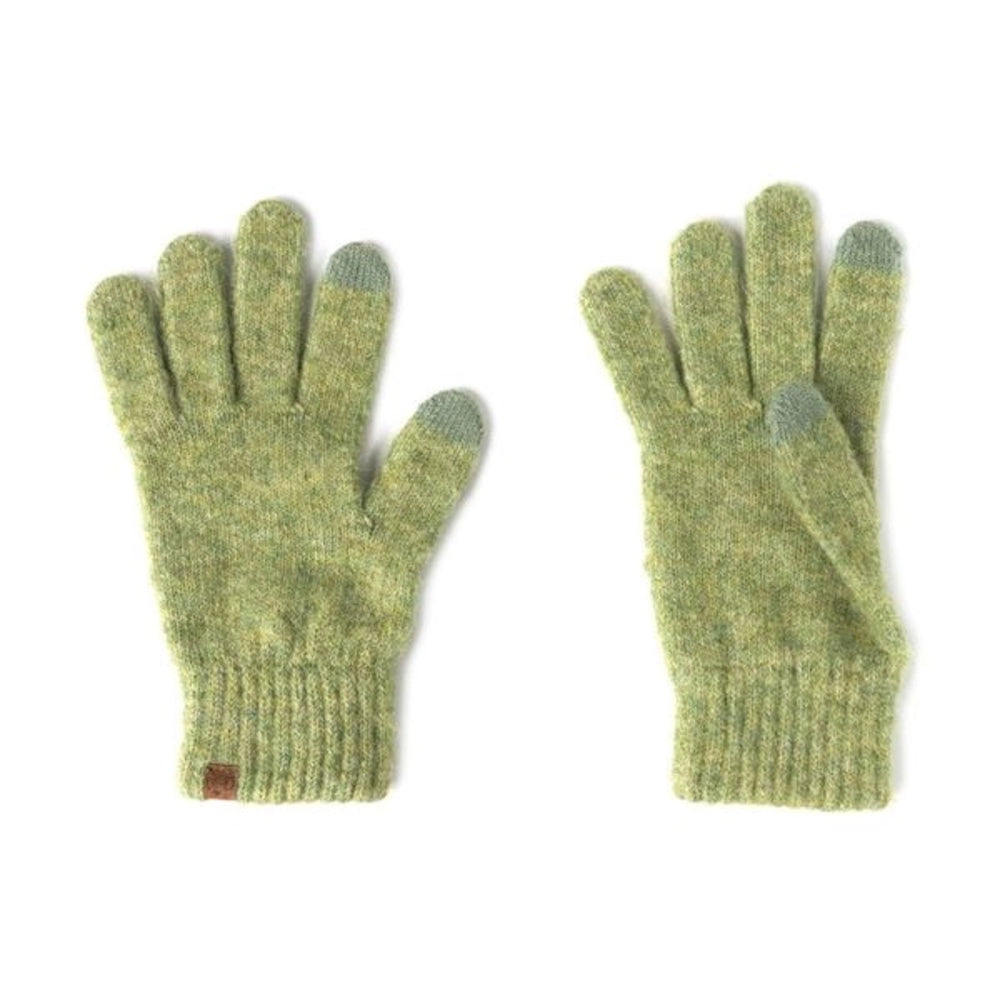 A pair of light olive green knit gloves with darker green fingertips and ribbed cuffs, displayed flat against a white background.