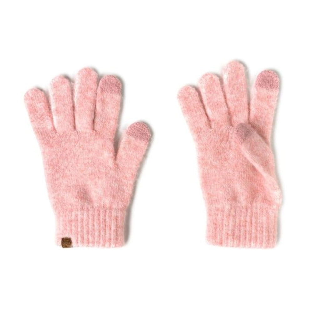 A pair of soft pink knit gloves with a ribbed cuff and touch-screen-compatible fingertips, displayed on a clean white background.
