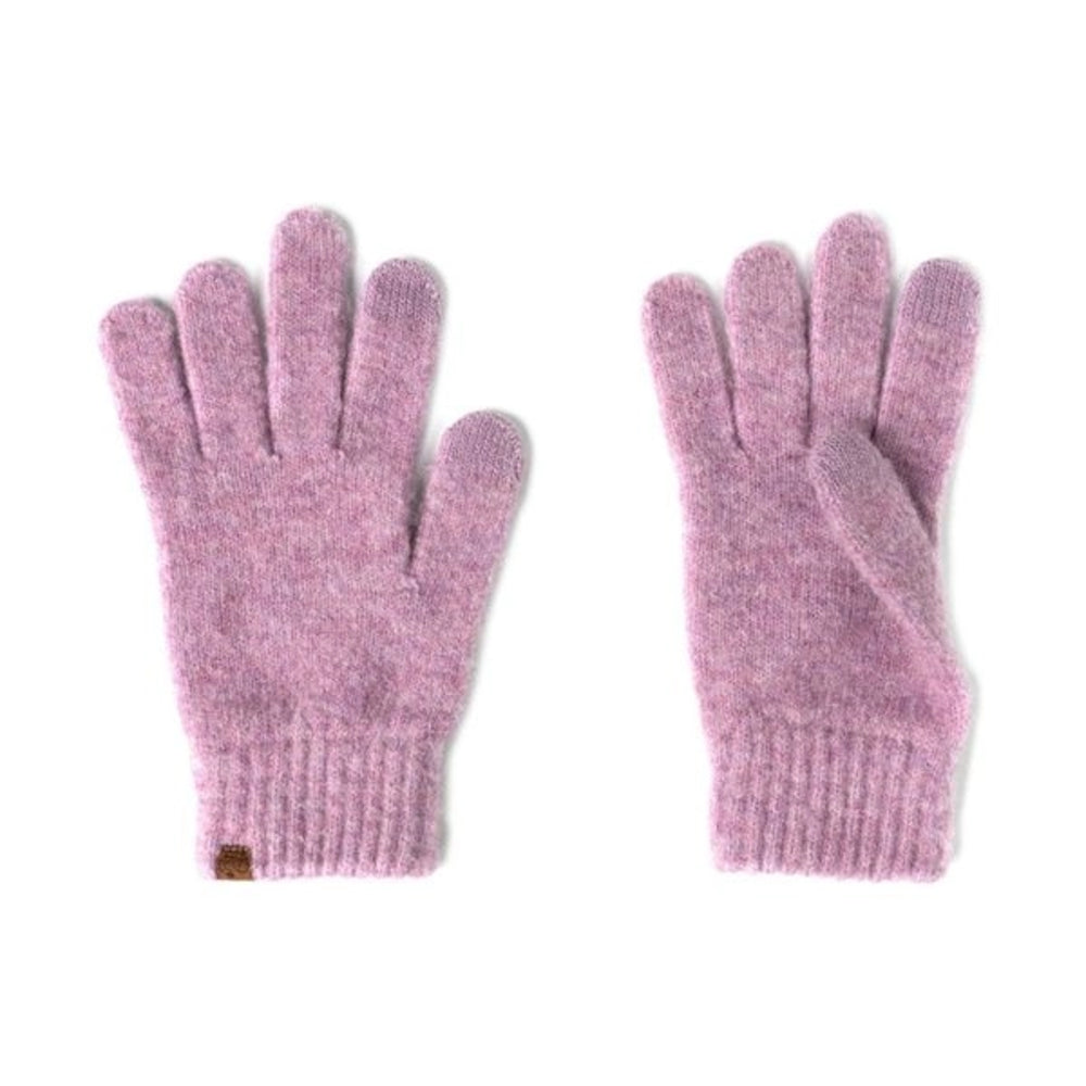 A pair of fuzzy knit gloves in a soft dusty pink color, displayed flat against a solid white background.