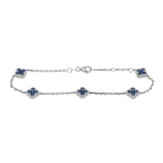 14k White Gold 7" Clover Motif Sapphire Station Bracelet