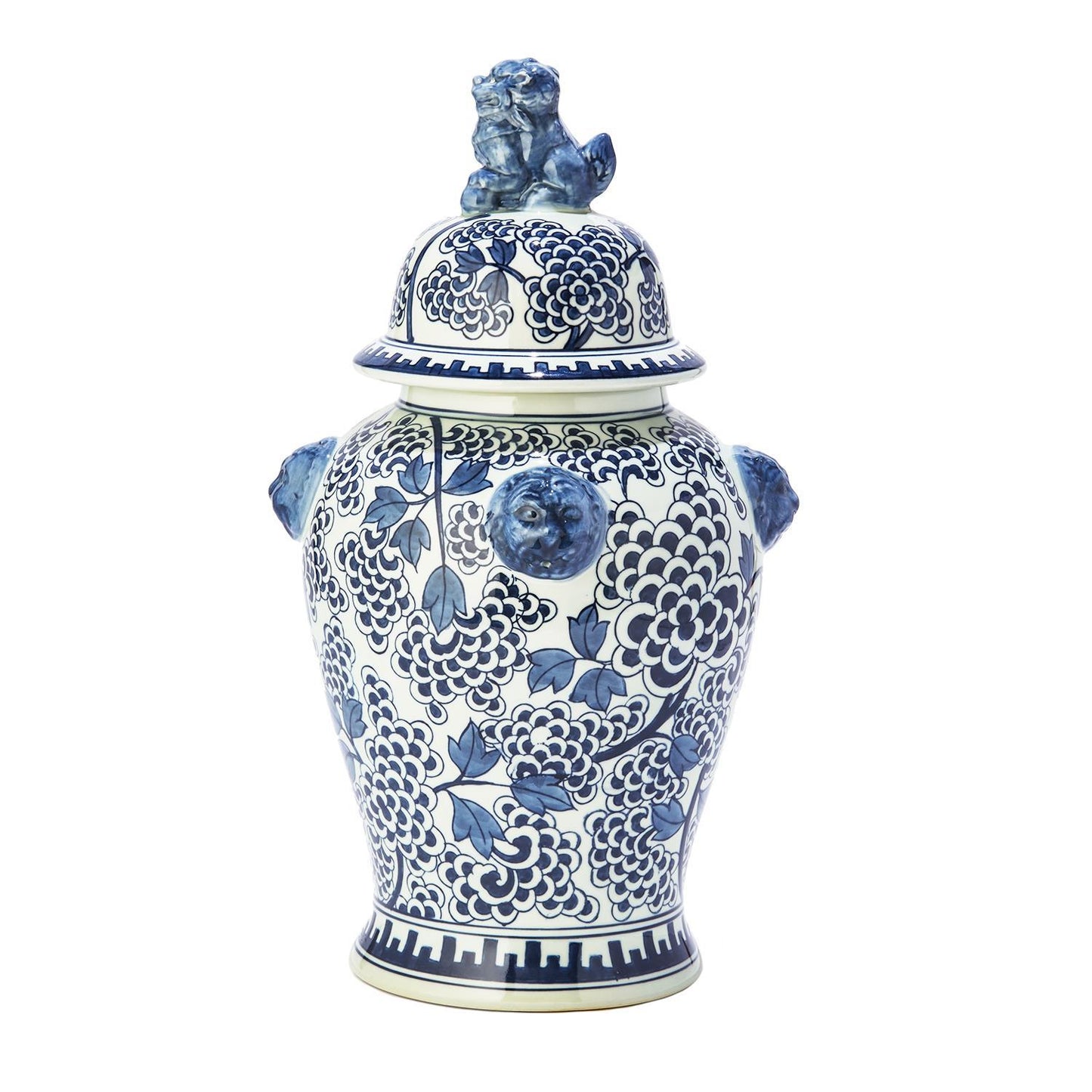Blue and White Peony Flower Covered Temple Jar with Lion Accents **Instore Pickup**