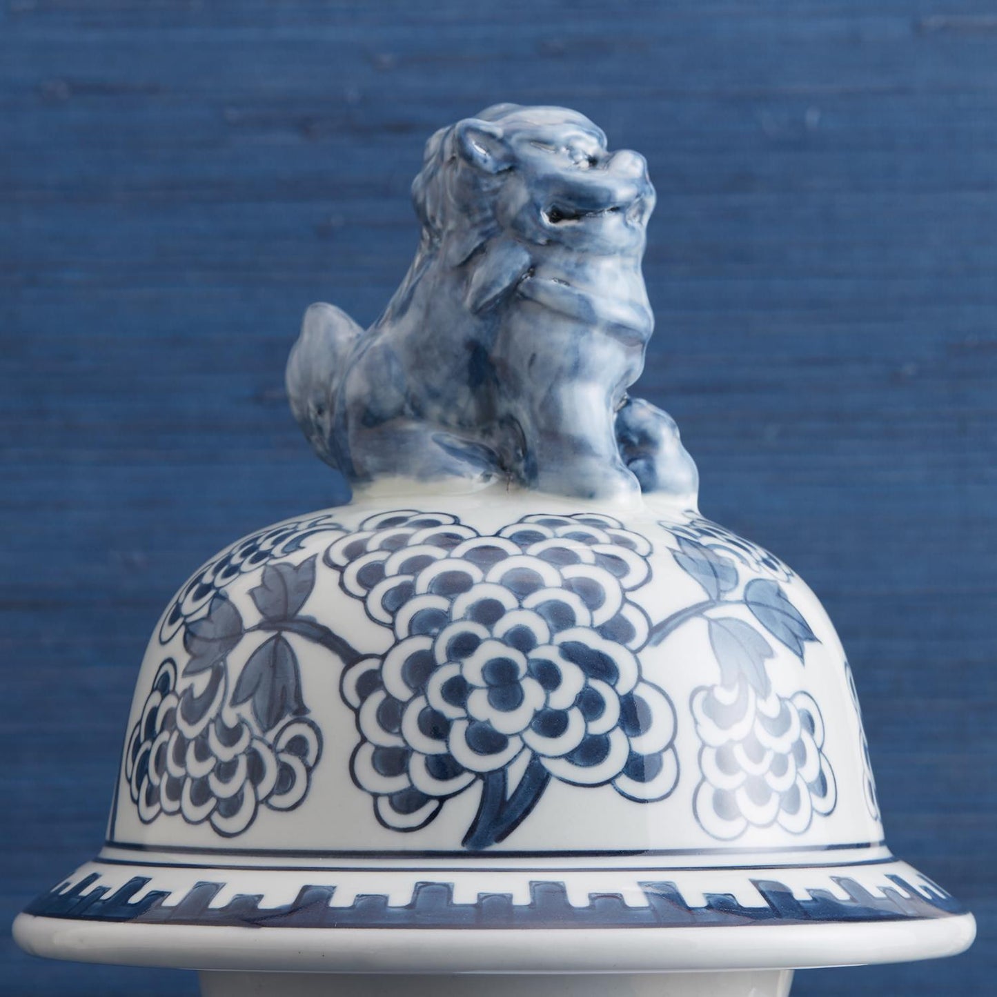 Blue and White Peony Flower Covered Temple Jar with Lion Accents **Instore Pickup**