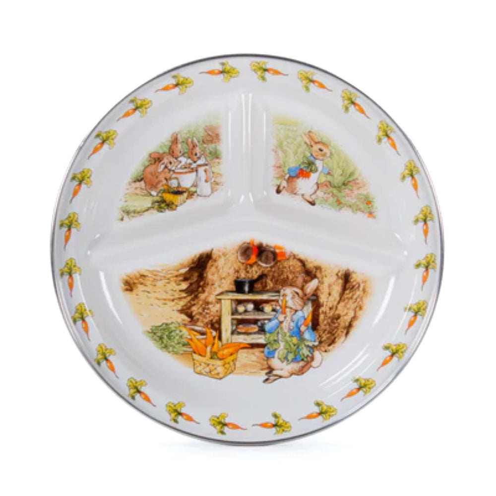 White divided enameled steel toddler plate with 'Peter Rabbit' themed illustrations on a white background.