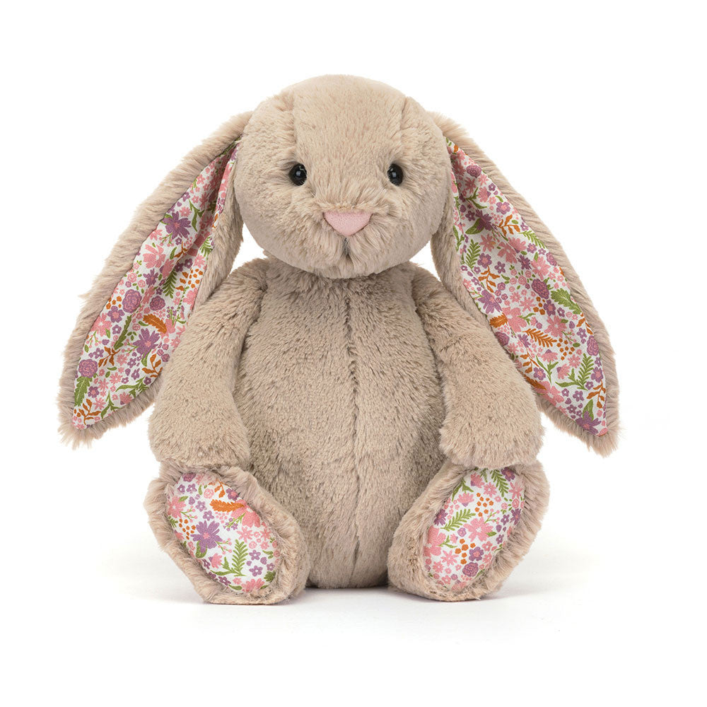 Original/medium size beige plush bunny toy with floral patterned ears and feet in a white backround. 