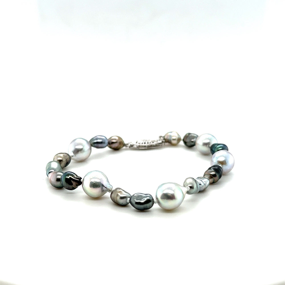 14W Baroque Natural Gray Akoya & Multi Colored Keshi Pearl Bracelet