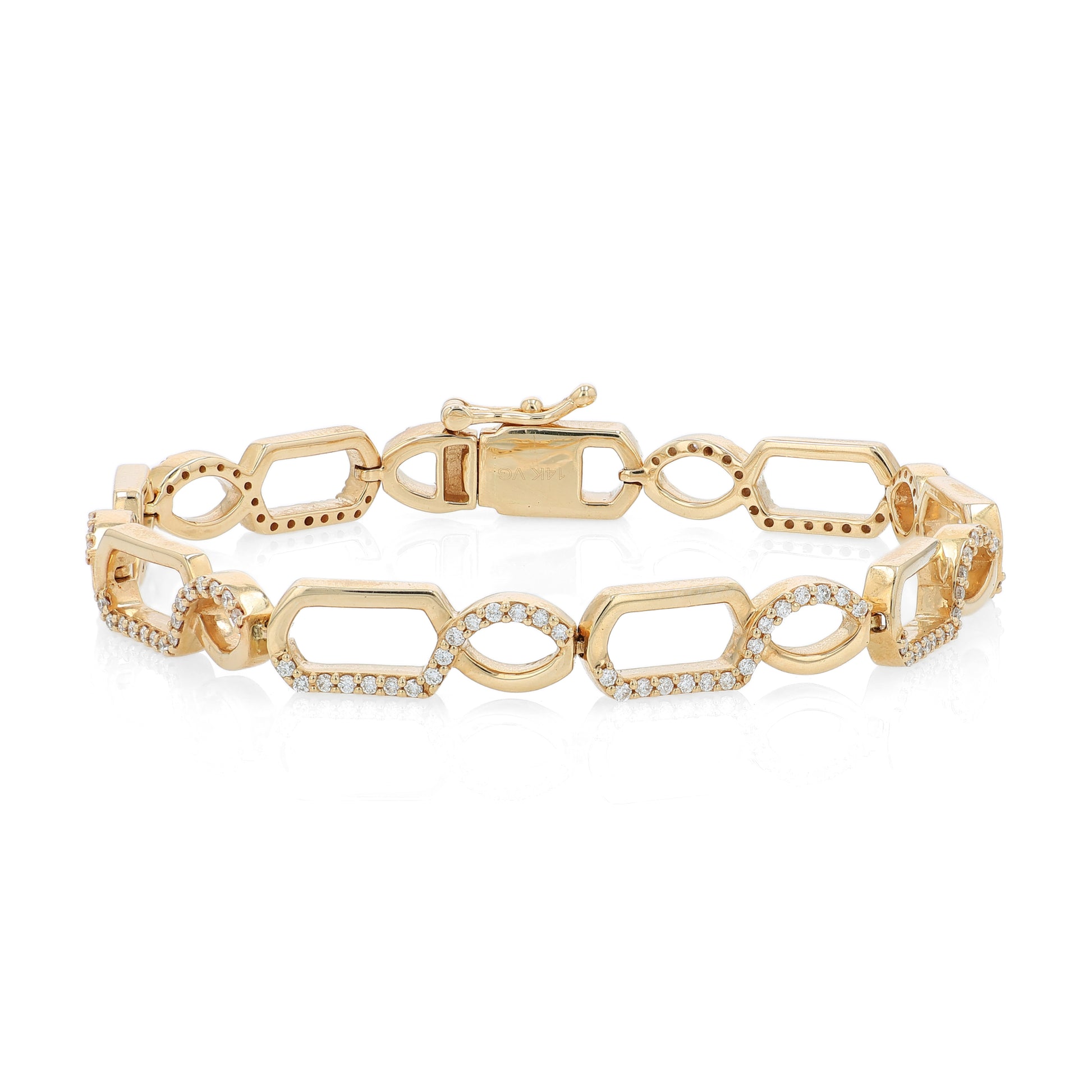 Gold bracelet with half and half diamond accent and polished gold design on a white background
