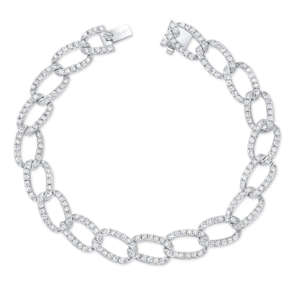 White gold diamond lined chain bracelet on a white background