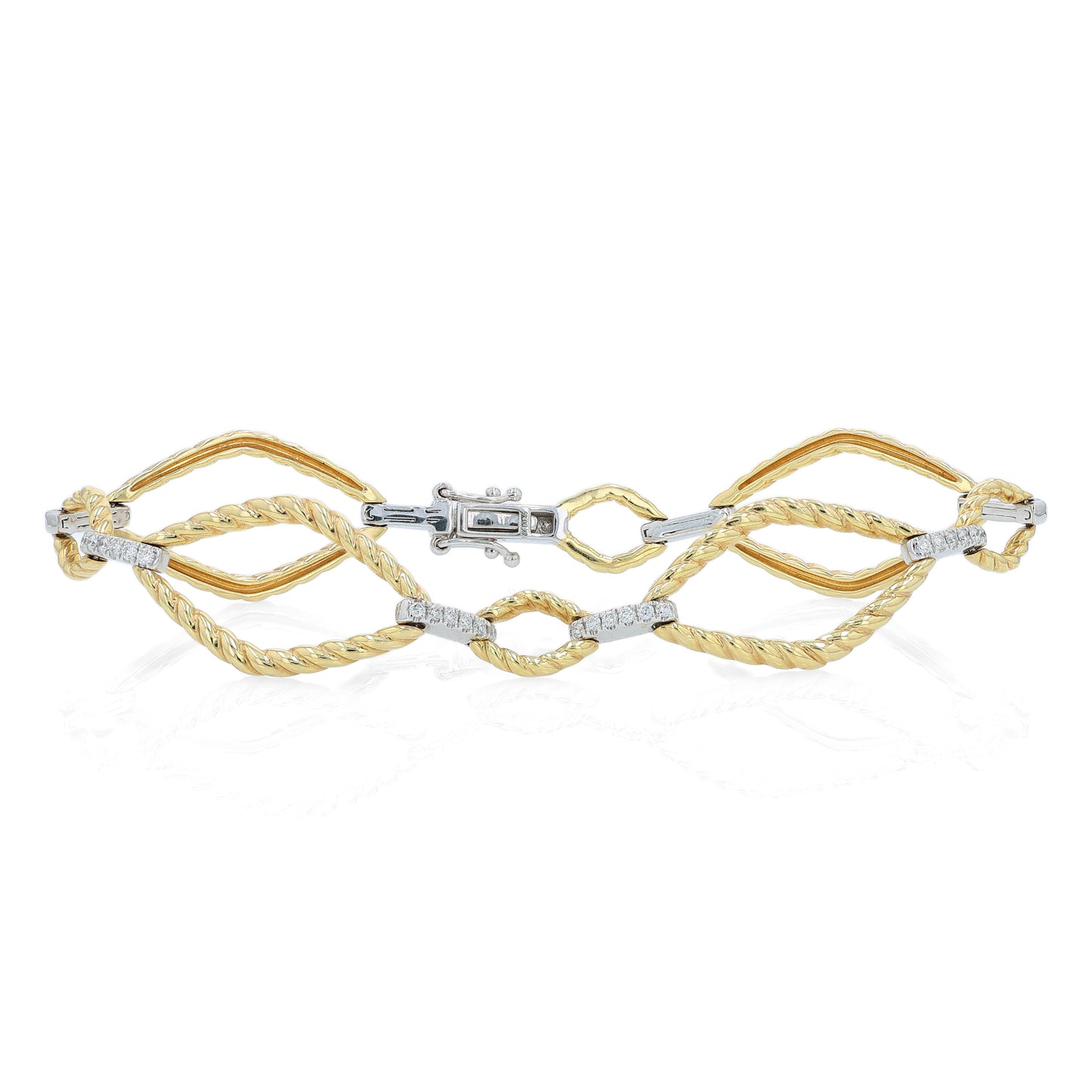 Yellow and white gold alternating open braided link and diamond bar bracelet on a white background
